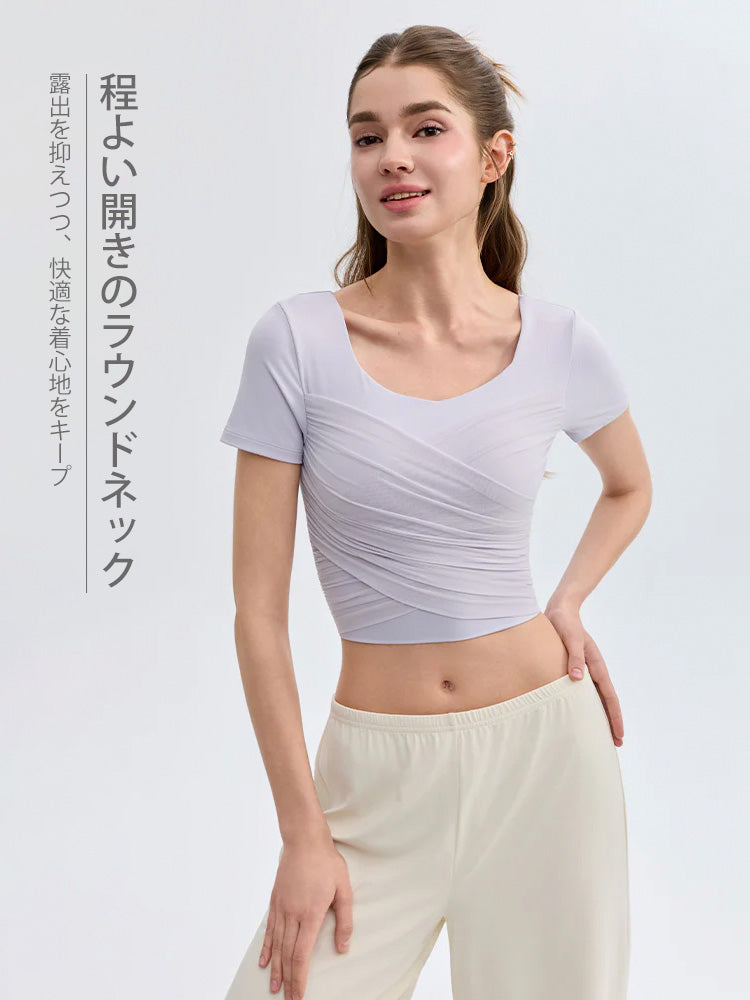 クロス メッシュ 半袖 ピラティスウェア パッド付き