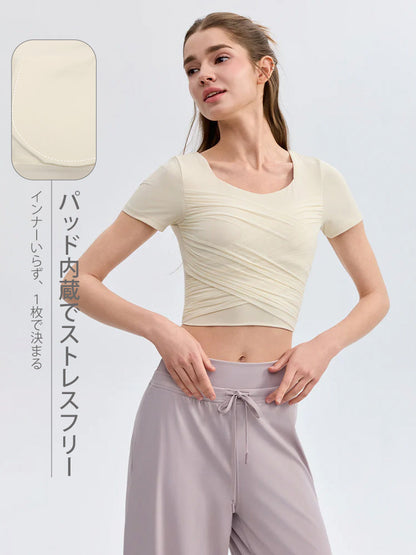 クロス メッシュ 半袖 ピラティスウェア パッド付き